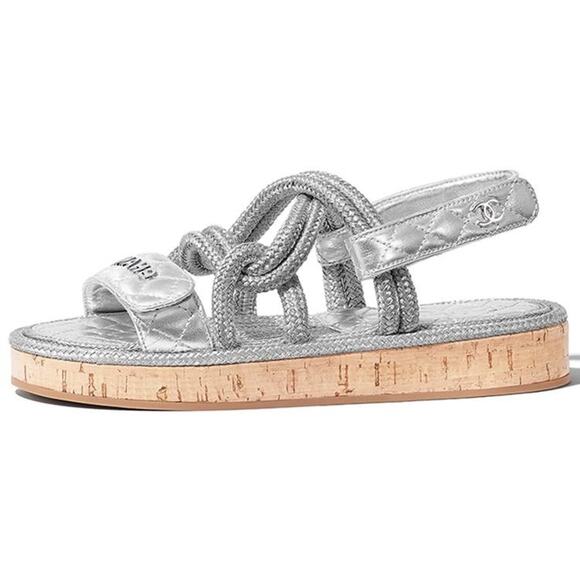 Chanel 20S Silver Cord Rope CC Logo Quilted Ankle Strap Teva Dad Sandal Flat 36 - Picture 3 of 16